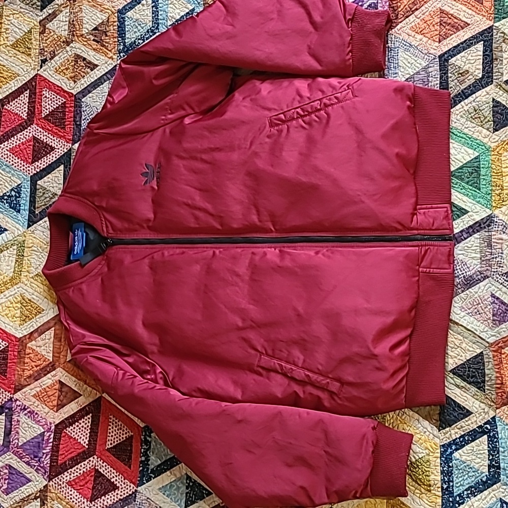 Adidas Thick Heavy Dark Red Full Zip Letter Embroidered Bomber Jacket